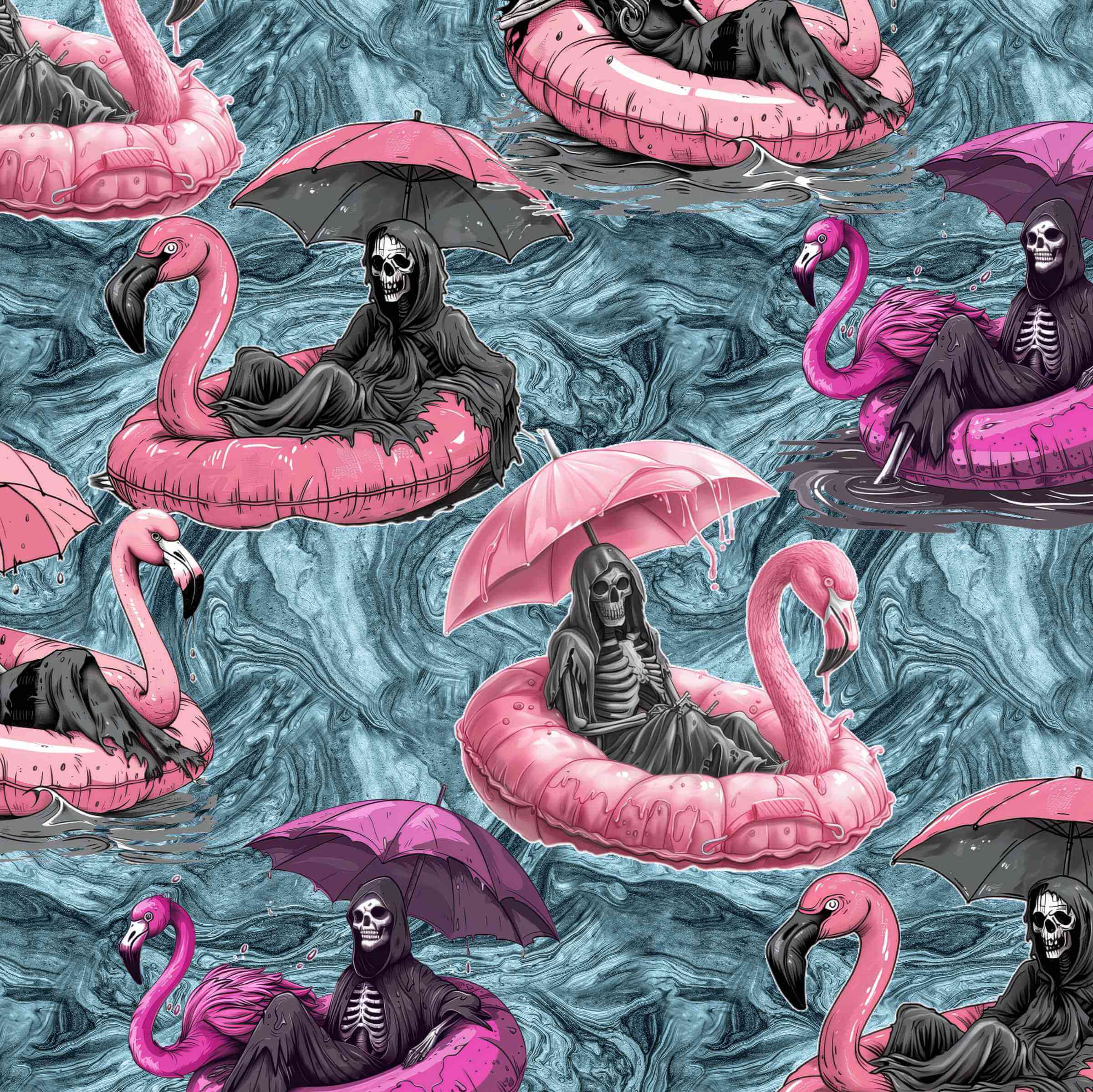 Pattern of skeletons on pink flamingo floats with umbrellas against a blue marble background