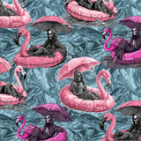 Pattern of skeletons on pink flamingo floats with umbrellas against a blue marble background