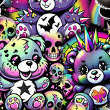 Colorful pattern with cartoon skulls, gothic care bears, and other elements on a multicolored background.