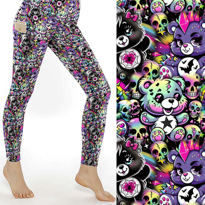 Don’t Care Bears full length leggings with colourful skulls, punk teddy bears and neon details on black background