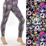 Don’t Care Bears full length leggings with colourful skulls, punk teddy bears and neon details on black background