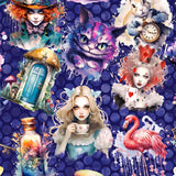 seamless pattern Full length jogger pants featuring an Alice in Wonderland theme. The design includes vibrant illustrations of Alice, the Mad Hatter, Cheshire Cat, teacups, mushrooms, potion bottles and macarons on a deep purple background.