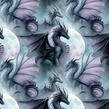 Pattern of dragons with purple and gray colors on a light blue background