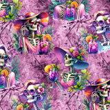 Colorful pattern of skeletons with sunglasses, hats, and drinks on a purple background