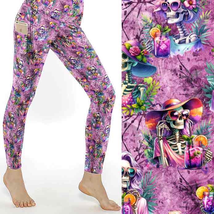 Colorful leggings with a skeleton drinking cocktails on a floral and pink pink background
