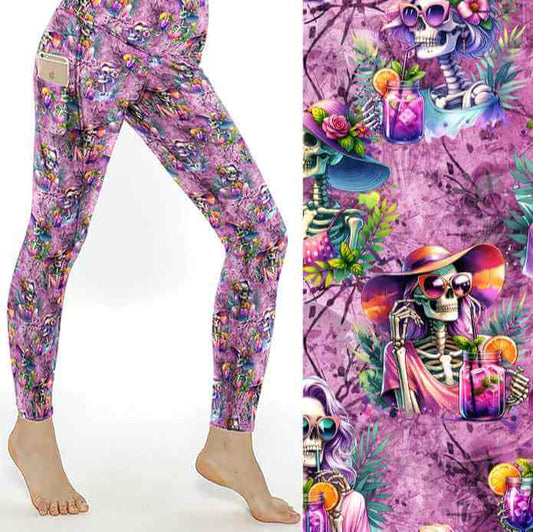 Colorful leggings with a skeleton drinking cocktails on a floral and pink pink background