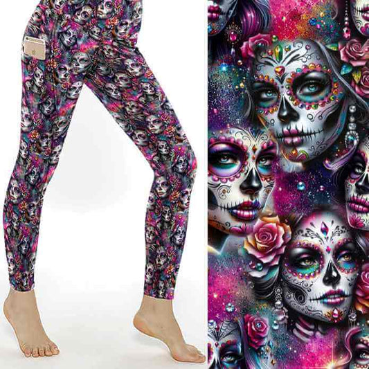 Drop-Dead Gorgeous Day of the Dead Full Length Leggings With Pockets by Nikki Whoops Boutique, shown with a close-up of the print.