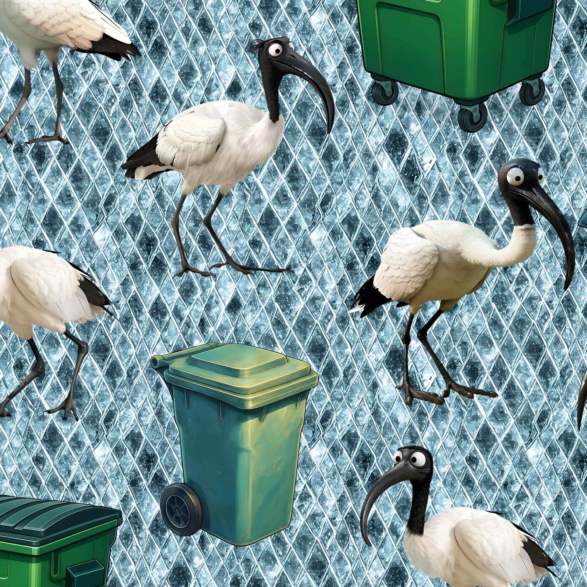 Illustration of white ibises with black beaks near green trash bins on a textured blue background.