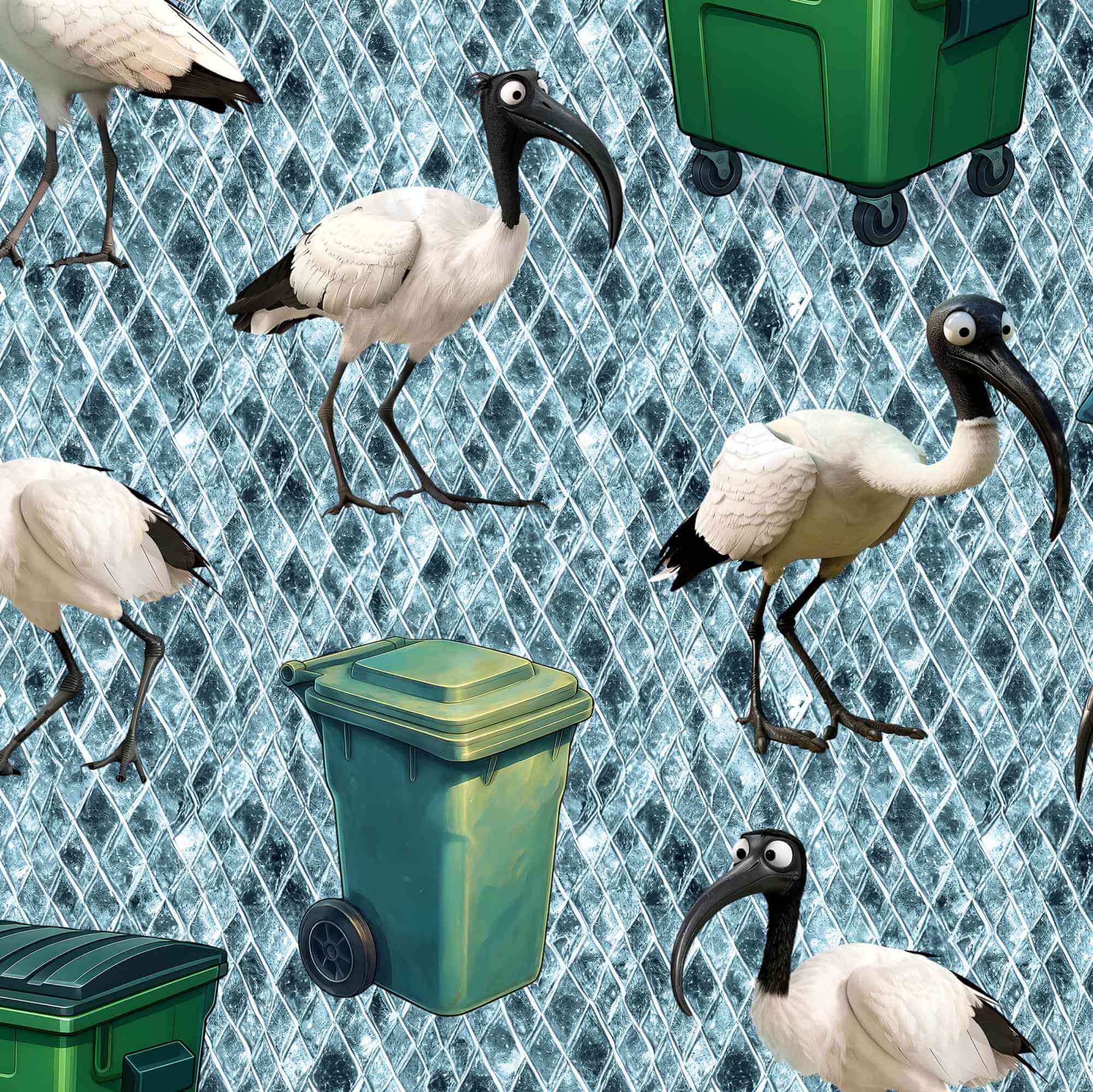 Illustration of white ibises with black beaks near green trash bins on a textured blue background.