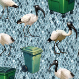 Illustration of white ibises with black beaks near green trash bins on a textured blue background.