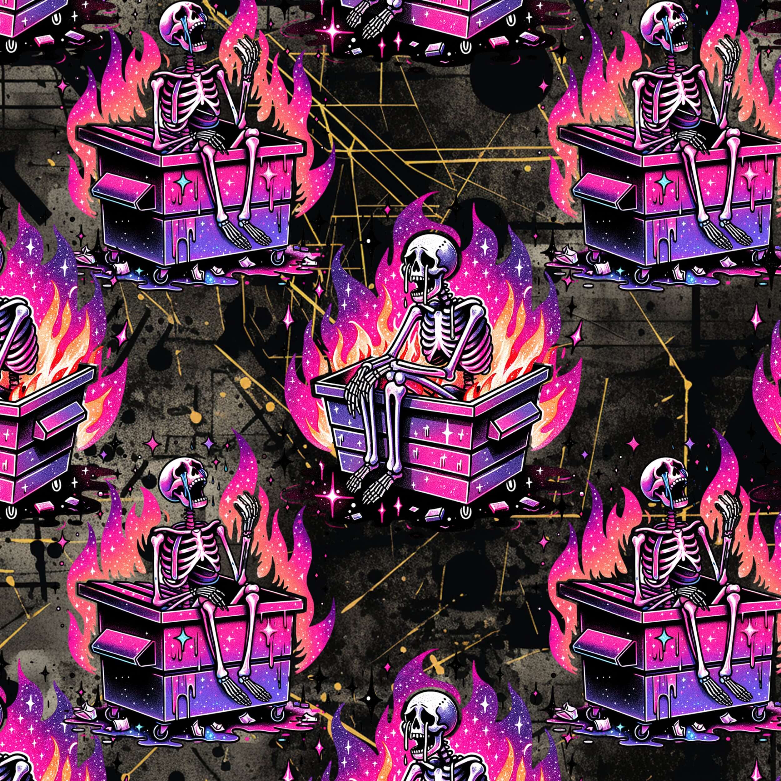 Pattern of skeletons on dumpster with flames and geometric shapes in a dark background by Nikki Whoops Boutique.