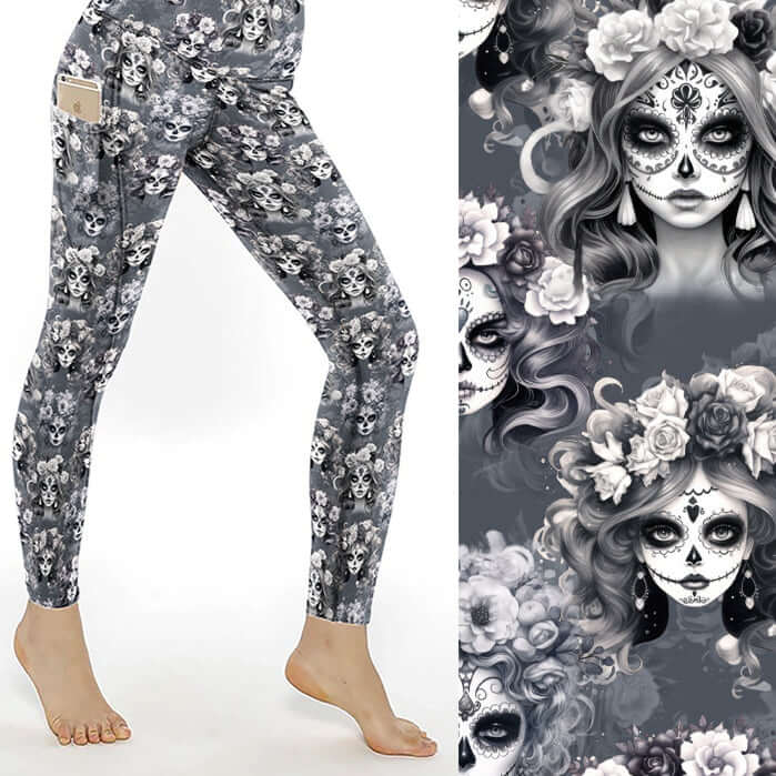 A pair of leggings featuring a monochrome illustration of La Catrina, with floral patterns and a Day of the Dead theme.