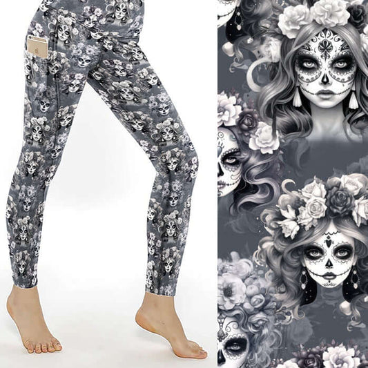 A pair of leggings featuring a monochrome illustration of La Catrina, with floral patterns and a Day of the Dead theme.