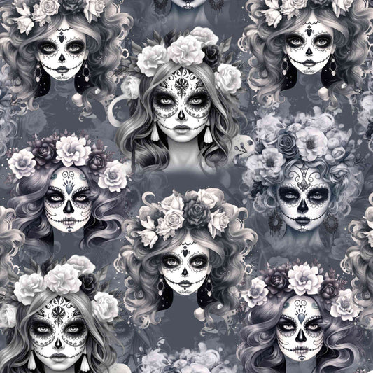 pattern featuring monochrome illustration of La Catrina, with floral patterns and a Day of the Dead theme.
