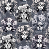 pattern featuring monochrome illustration of La Catrina, with floral patterns and a Day of the Dead theme.