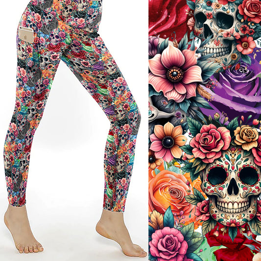 Every Rose Has Its Thorns Skull Print Leggings With Pockets featuring colourful floral sugar skulls and vibrant roses on buttery-soft full-length leggings with side pockets.