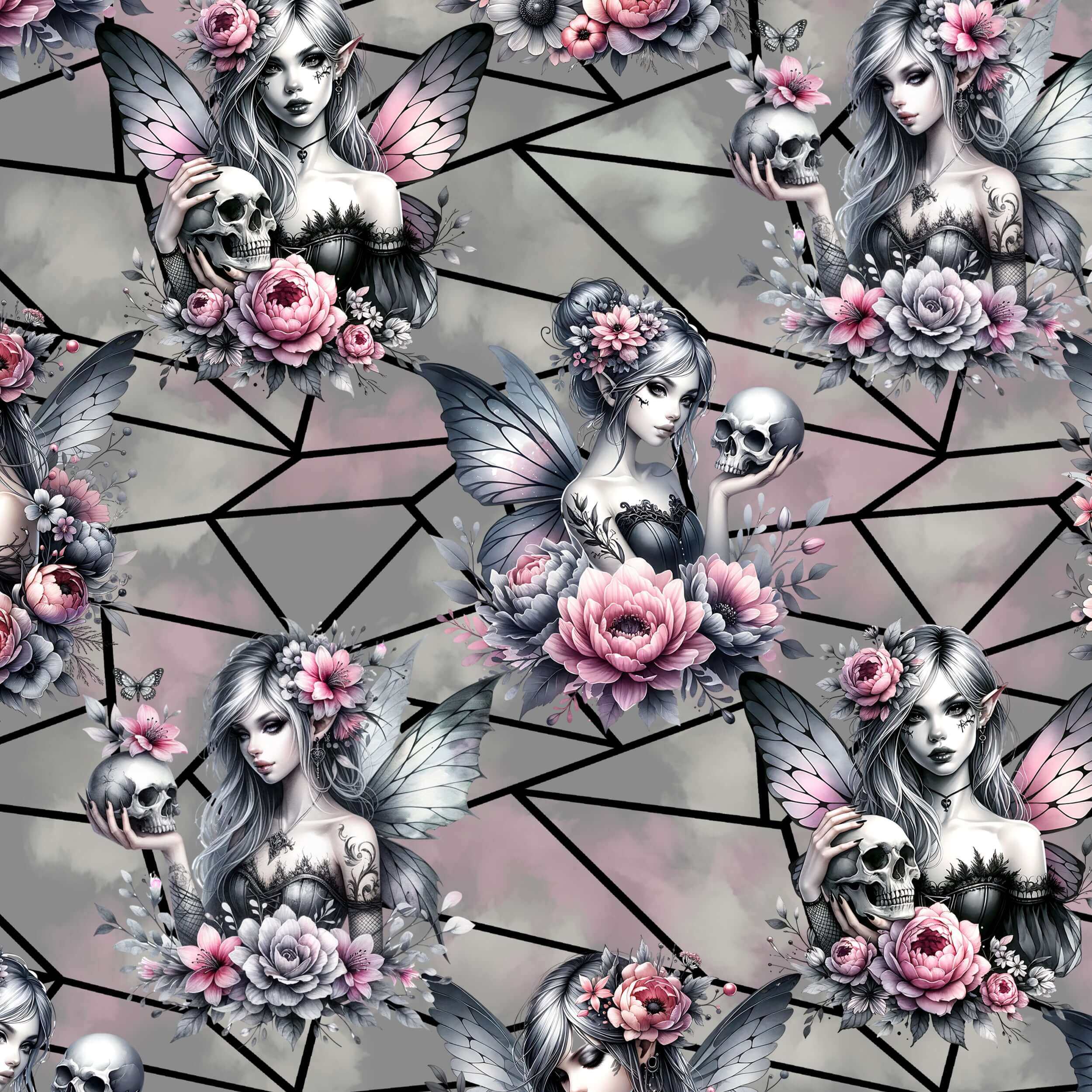 Fairy Gothmother Skull full length grey Pattern of fairies with floral and skull elements on a geometric background by Nikki Whoops Boutique.