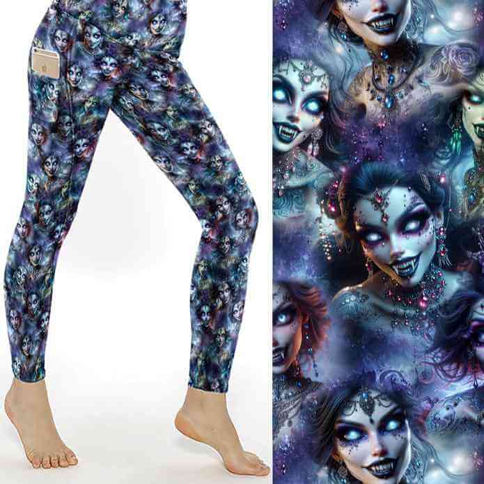 Fangs for the Memories Vampire Full Length Leggings With Pockets by Nikki Whoops Boutique, shown with a close-up of the print.