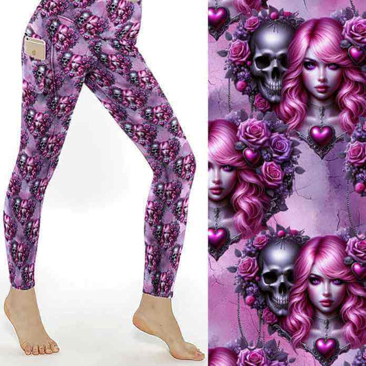 Pink gothic leggings featuring skulls, roses and pink-haired female portraits with heart details on a soft pink background