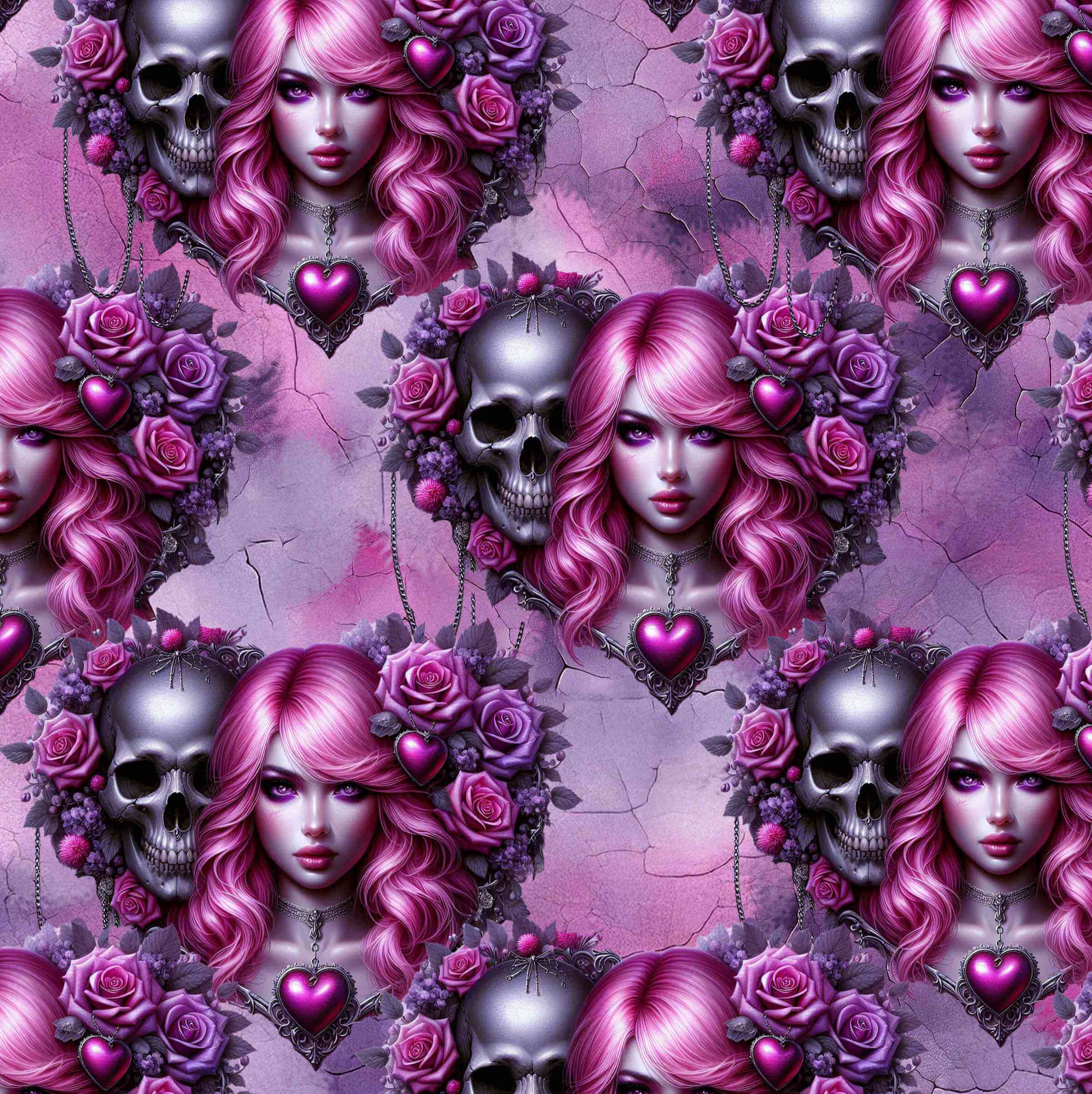 Pattern of a woman with pink hair, skulls, and roses on a cracked pink background.