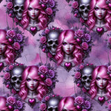 Pattern of a woman with pink hair, skulls, and roses on a cracked pink background.