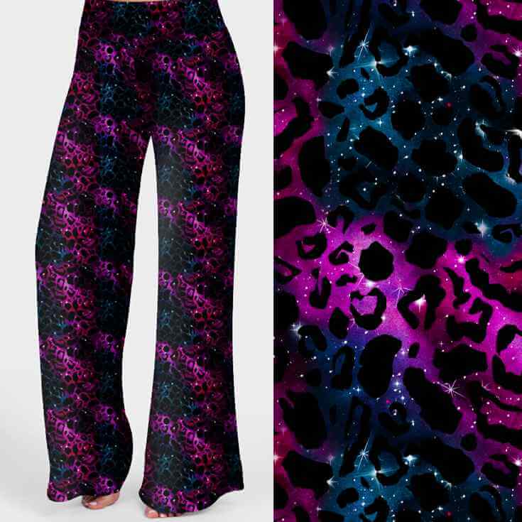 Galactic Jag lounge pants with black jaguar print overlay on a vibrant galaxy background in pink, purple and blue hues.