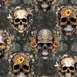 pattern of Gilded Grunge Skull Leggings featuring gold-detailed skulls with intricate filigree and floral embellishments on a grunge-inspired dark background.