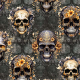 pattern of Gilded Grunge Skull Leggings featuring gold-detailed skulls with intricate filigree and floral embellishments on a grunge-inspired dark background.