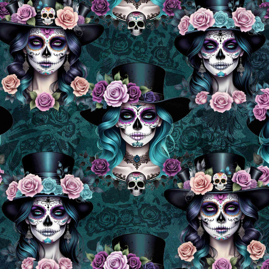 Day of the Dead skulls with roses, top hats, and teal hair on a dark green floral background; repeating pattern.