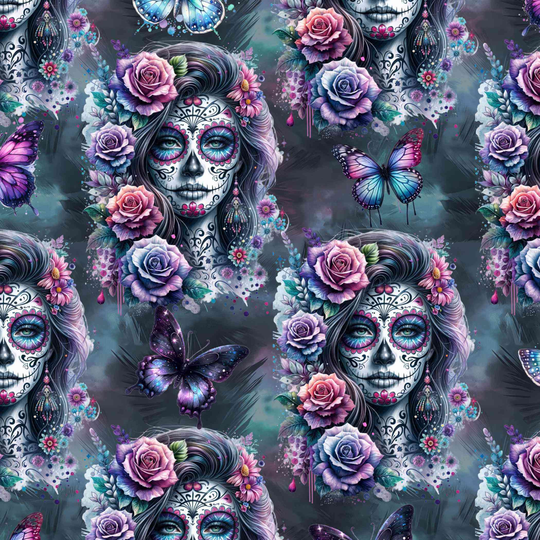 pattern of Gothic leggings featuring La Catrina with floral headpieces and sugar skull face paint in rich jewel tones on a dark background.