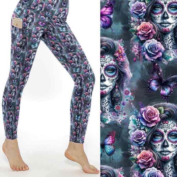 Gothic leggings featuring La Catrina with floral headpieces and sugar skull face paint in rich jewel tones on a dark background.
