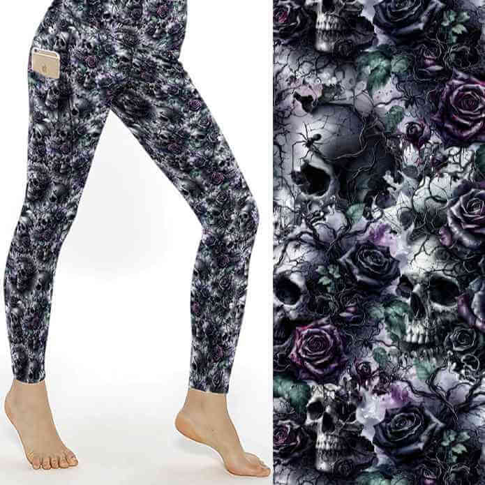 Grave Expectations Skull Full Length Leggings With Pockets by Nikki Whoops Boutique, shown with a close-up of the print.