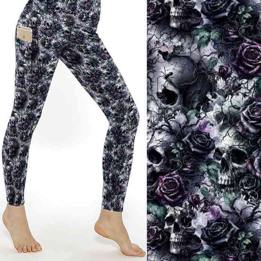 Grave Expectations Skull Full Length Leggings With Pockets by Nikki Whoops Boutique, shown with a close-up of the print.