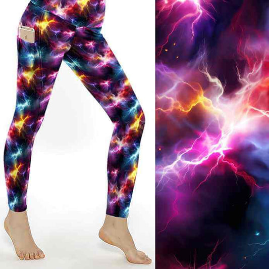 leggings with dark background with lightning flashes of pink, blue and yellow