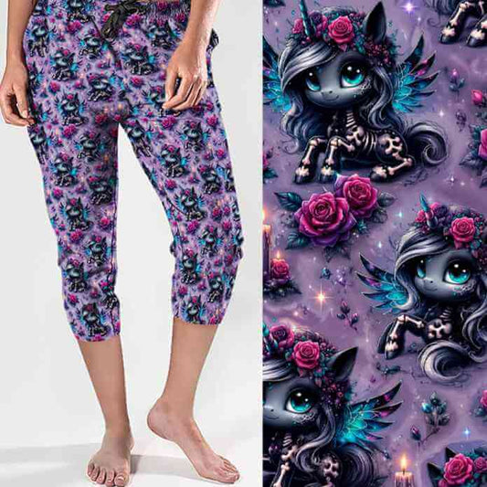 Happily Never After Unicorn Capri Joggers With Pockets by Nikki Whoops Boutique, shown with a close-up of the print.