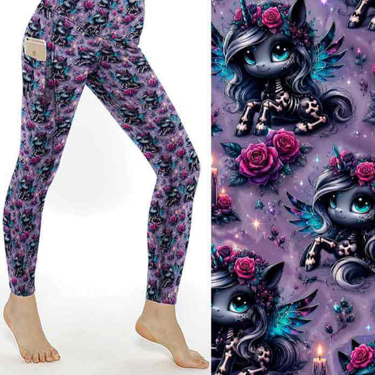 Happily Never After Unicorn Full Length Leggings With Pockets by Nikki Whoops Boutique, shown with a close-up of the print.