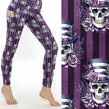 Haunted Hatter Full-Length Leggings featuring skulls in striped top hats, lavender flowers, butterflies and purple gothic-inspired artwork with pockets.