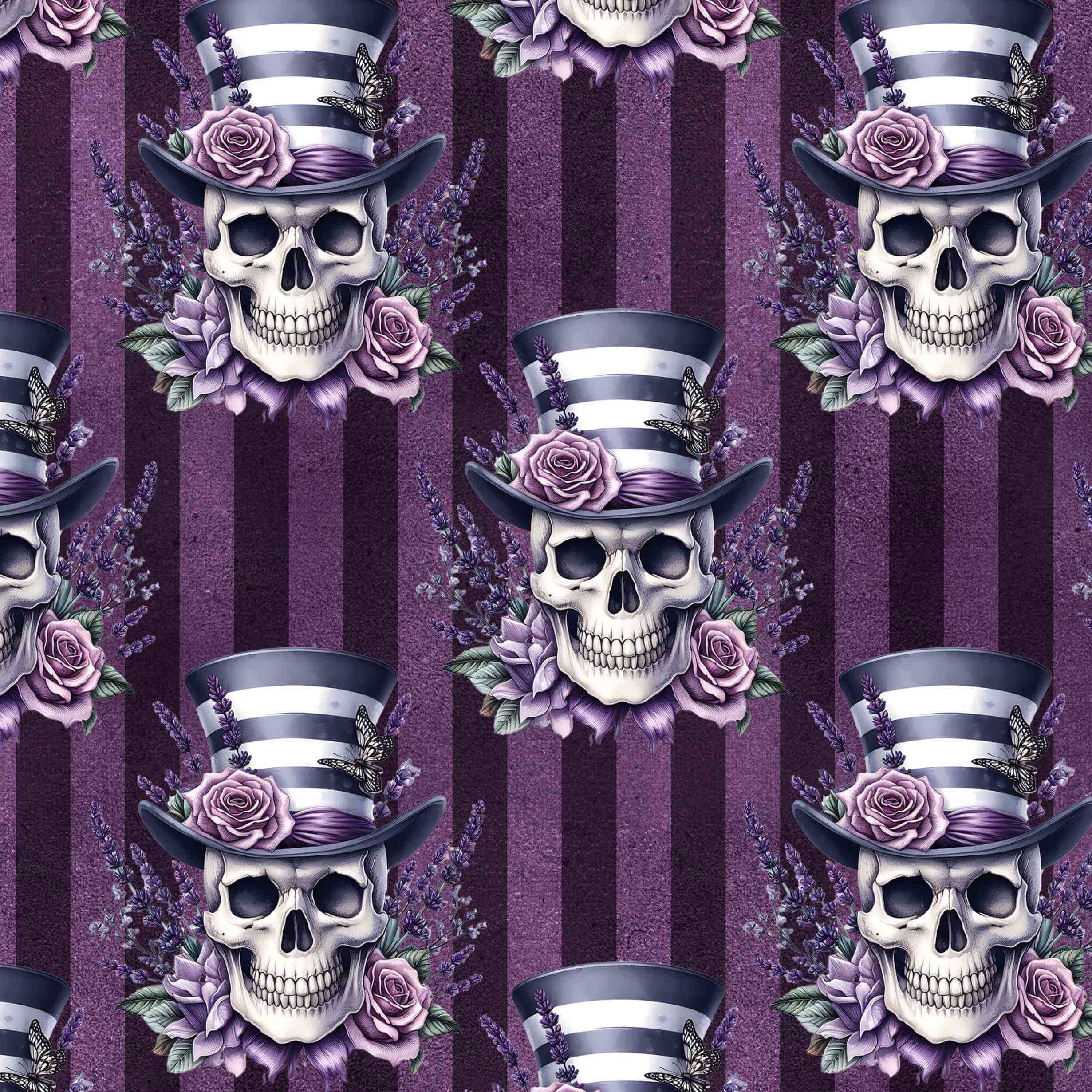 Pattern of skulls wearing top hats with flowers on a striped background
