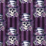 Pattern of skulls wearing top hats with flowers on a striped background
