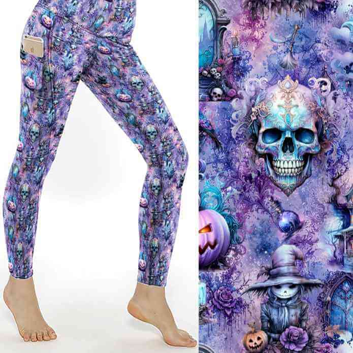 Haunts and Recreation Halloween Full Length Leggings With Pockets by Nikki Whoops Boutique, shown with a close-up of the print.
