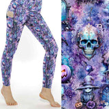 Haunts and Recreation Halloween Full Length Leggings With Pockets by Nikki Whoops Boutique, shown with a close-up of the print.