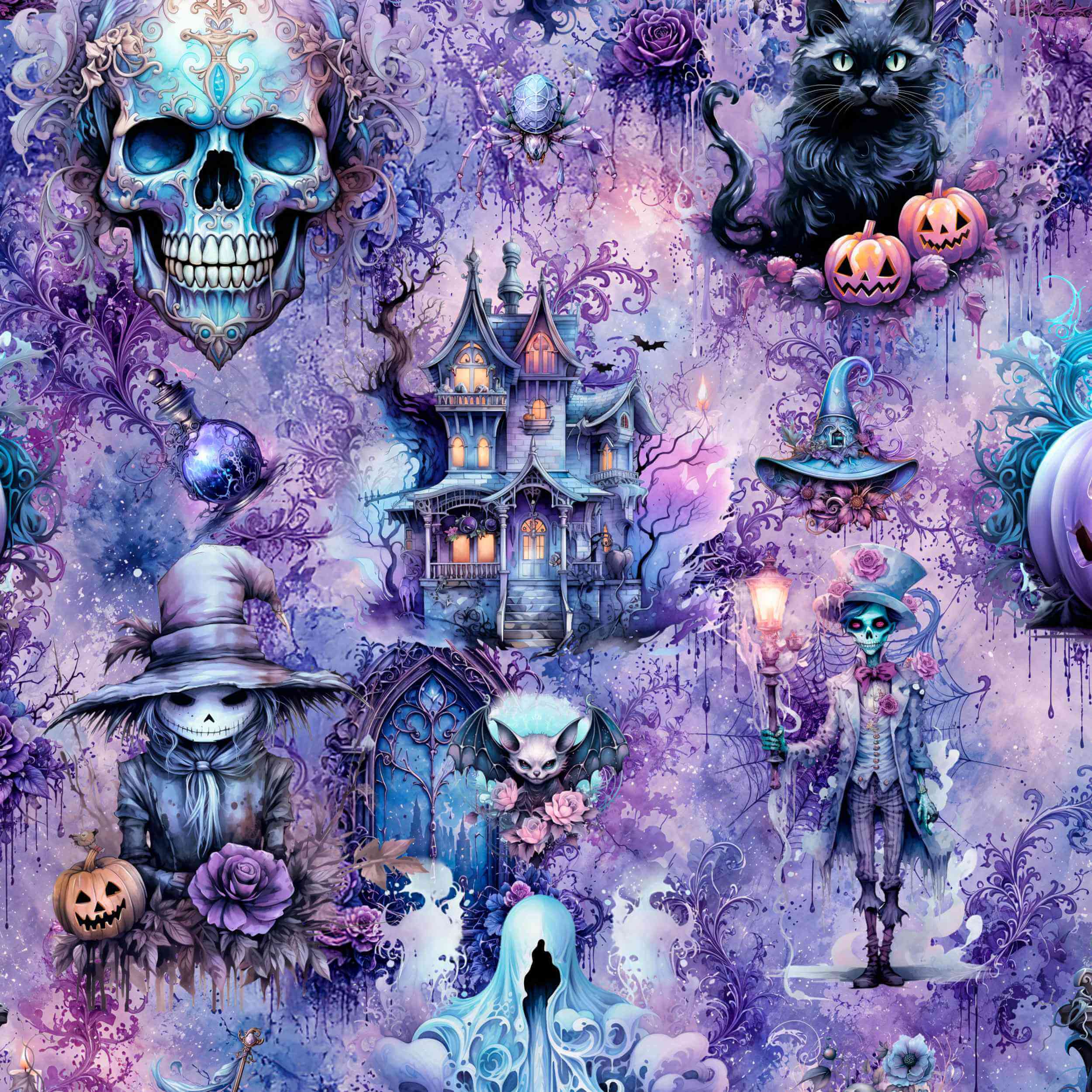 Close-up of the Haunts and Recreation print pattern by Nikki Whoops Boutique.