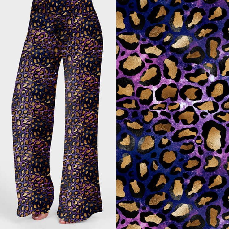 Wide leg lounge pants Jungle Queen Amethyst with amethyst purple and gold leopard print pattern on a dark background by Nikki Whoops Boutique.