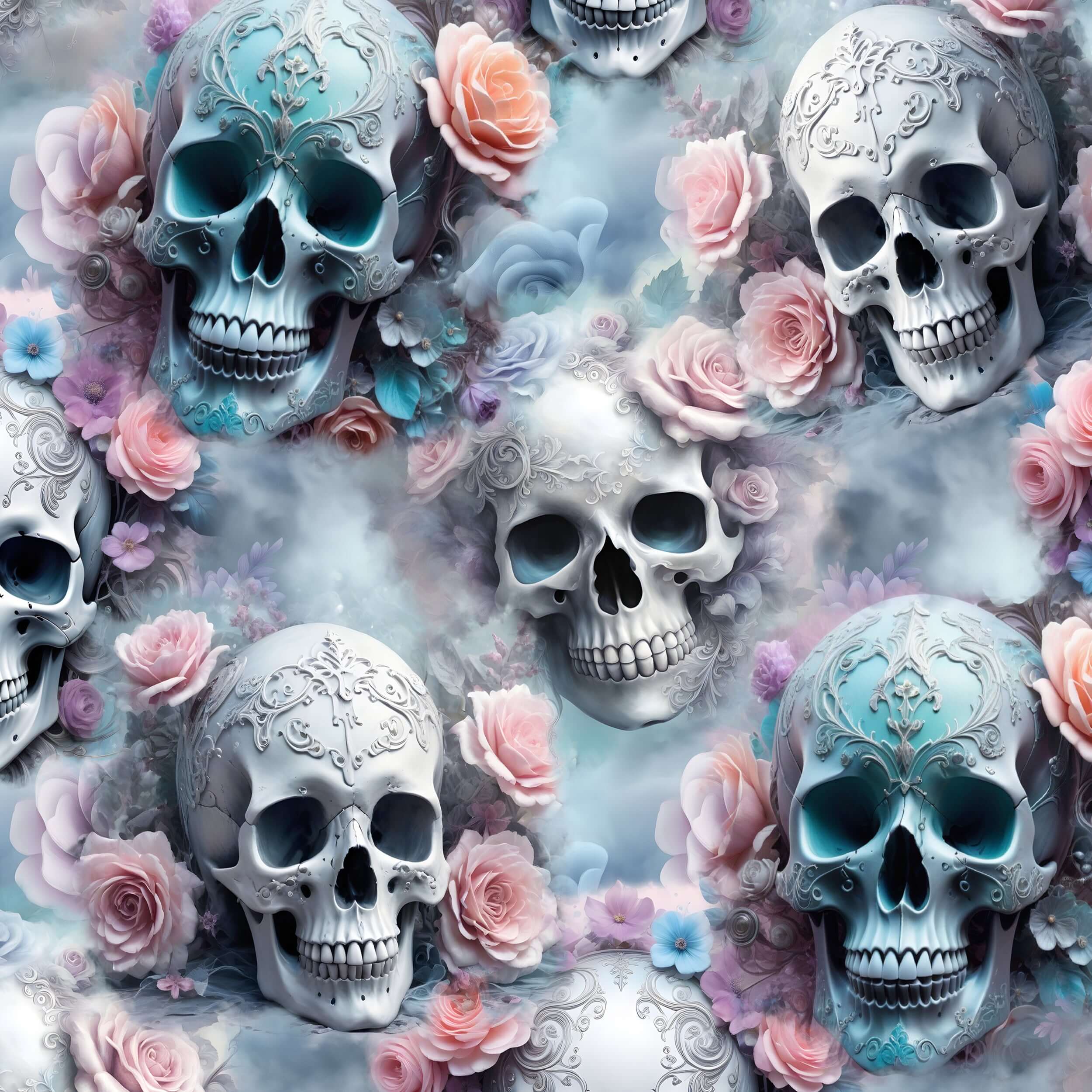 Decorative pattern of skulls and flowers with pastel colors on a light blue background by Nikki Whoops Boutique.