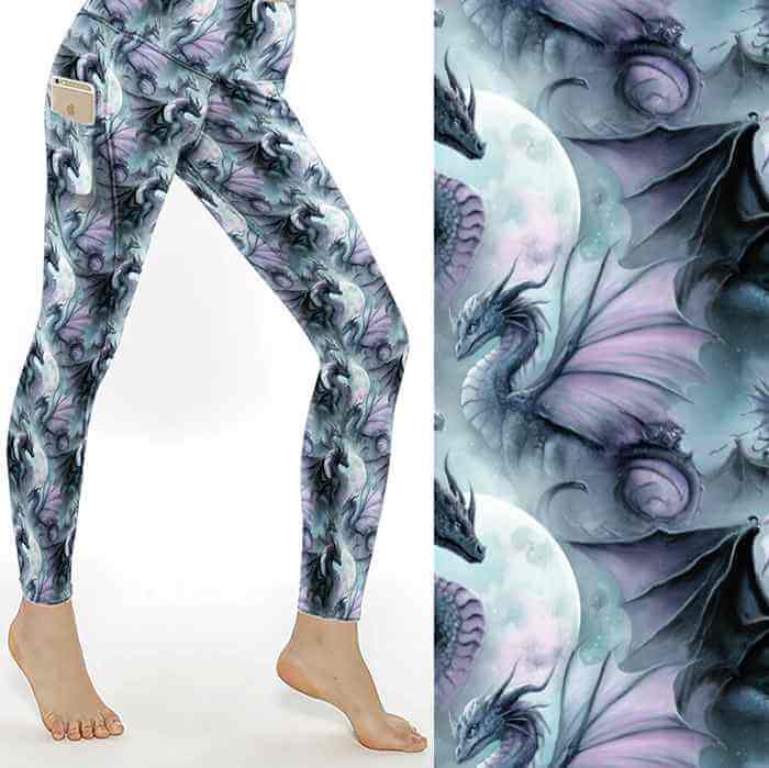 Lavender Haze Dragon Print Leggings featuring elegant lavender dragons, moonlit skies and fantasy-inspired artwork in soft purple, silver and blue tones.