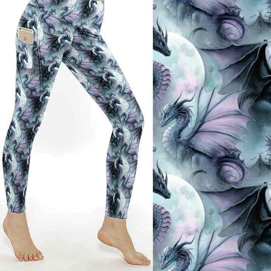 Lavender Haze Dragon Print Leggings featuring elegant lavender dragons, moonlit skies and fantasy-inspired artwork in soft purple, silver and blue tones.