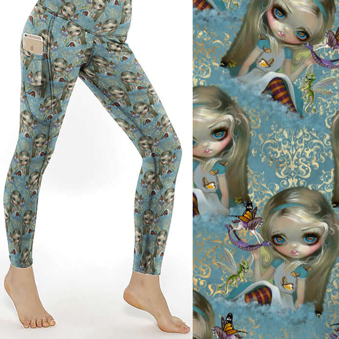 Looking Glass Insects Strangelings full length leggings feature whimsical doll and insect art, pockets, and a flattering high waistband.