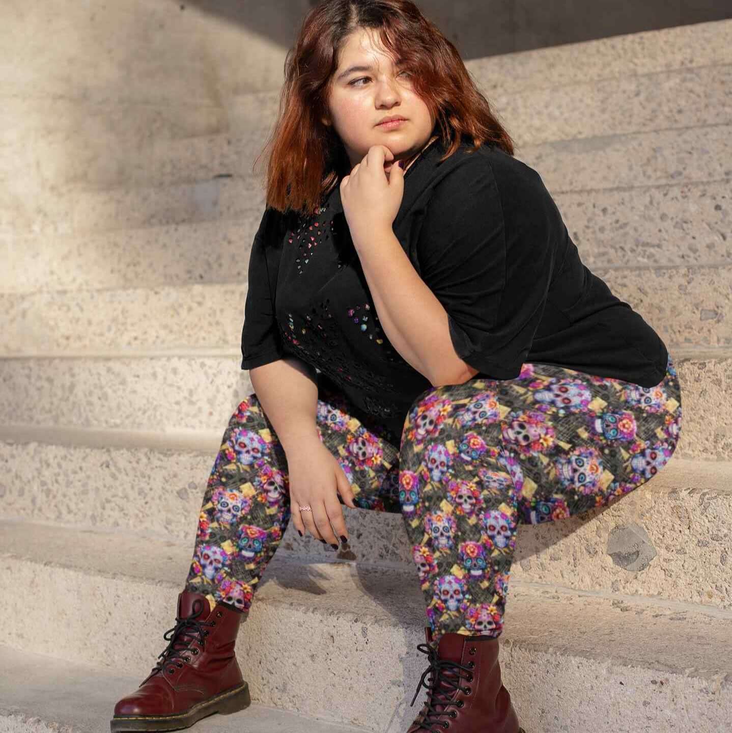 lux-de-los-meuertos-sugar-skull-full-length-leggings-plus-size-leggings-mockup-of-a-woman-sitting-at-an-urban-stairway