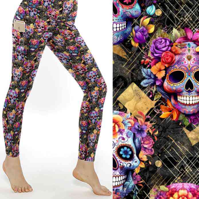 stock image of Lux de los Muertos Leggings bring bold sugar skulls and florals to life. A luxe Día de los Muertos print with serious attitude.