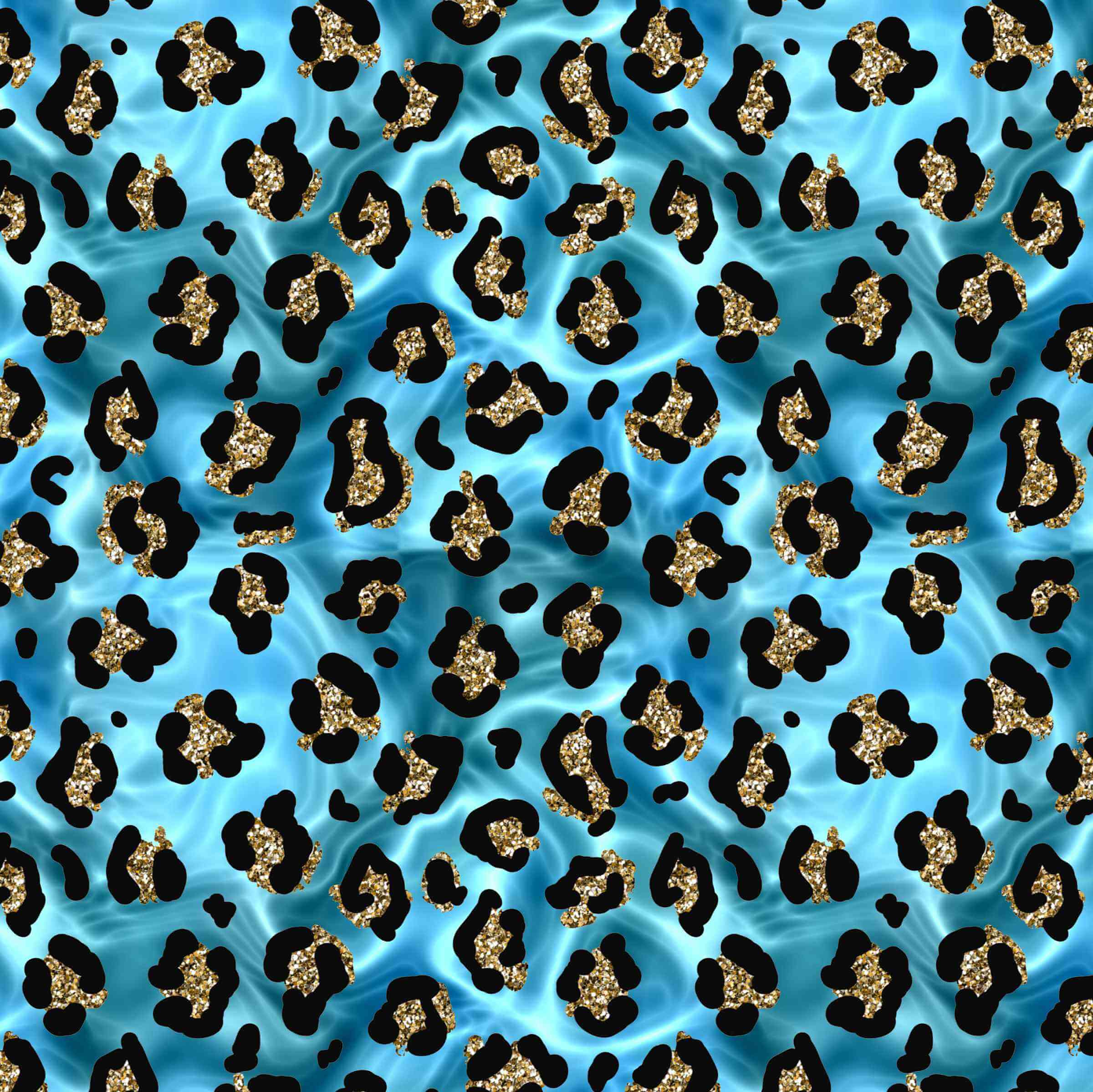 Pattern of black and gold leopard spots on a blue background